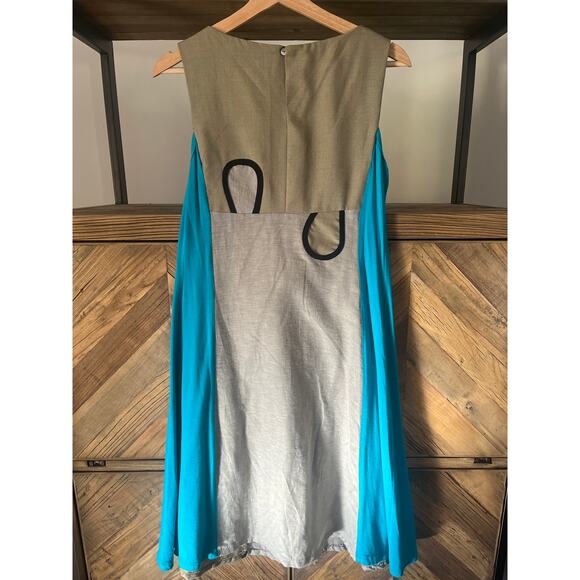 Mixed Material Linen and Cotton Sleeveless Dress Flax and Turqoise Small/Medium - Picture 5 of 7